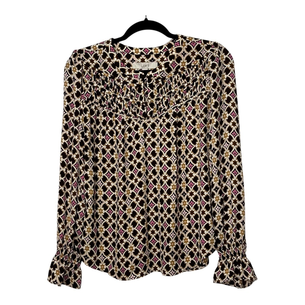 LOFT Womens Brown Pink Geometric Tile Pleated Yoke Blouse S FA23 759894